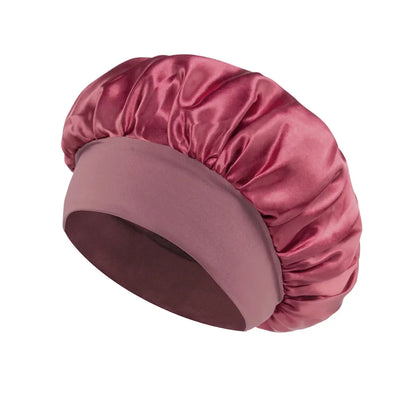 Damen Satin Haube Schlafhaube Haarpflege Seidenhaube Einfarbige breitkrempige Schlafhaube mit elastischem weichen Band
