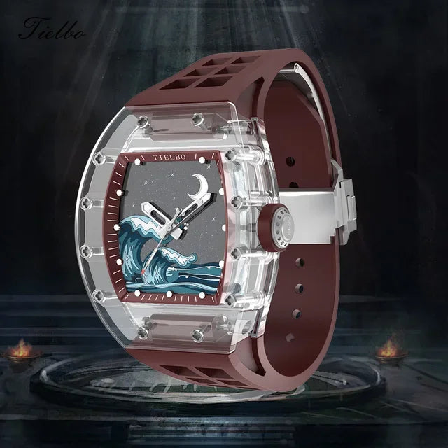 TIELBO Crystal Automatic Mechanical Case Watches Skeleton Sapphire Diamond Wristwatch Waterproof Luminous