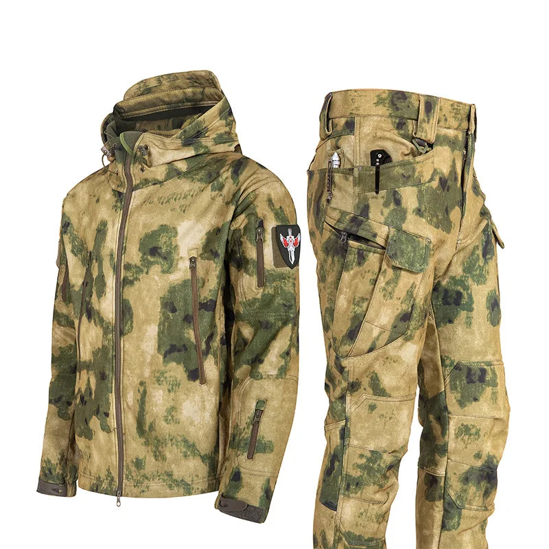 Tactical Winter Set Men's Outdoor Windproof Waterproof Suit Multi-Pocket Soft Shell Hooded Jackets Sharkskin Work Pants