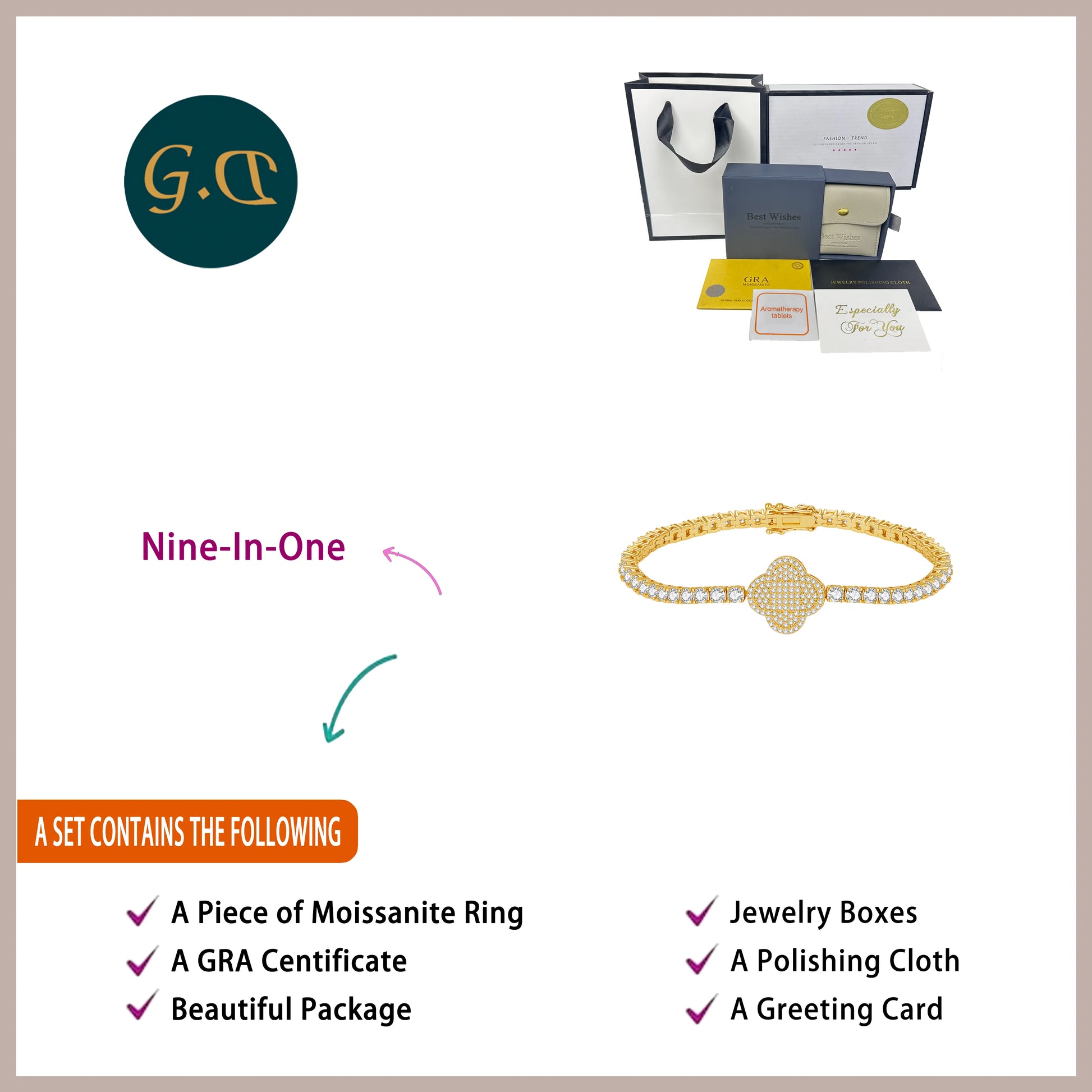 Jewelry set with moissanite ring, jewelry boxes, polishing cloth, and greeting card on a beige background.