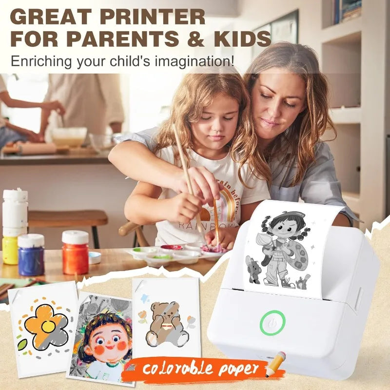 Woman and child looking at coloring paper with printed images, surrounded by art supplies.