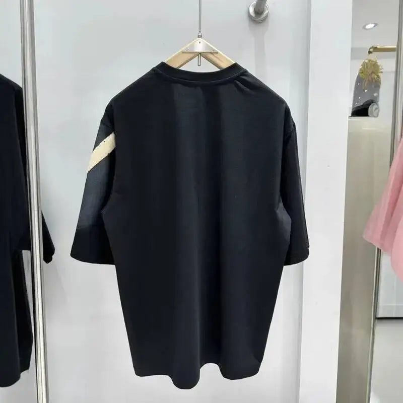 Einzigartiges Design Trendy Punk T-Shirt Damen Farbkontrast Baumwolle Rissmuster Beflockung Print Lose Shirts HK8466