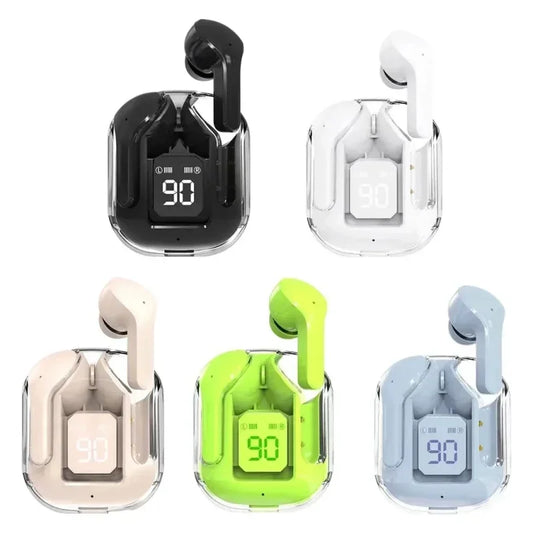 Set of wireless earbuds with charging cases on a white background