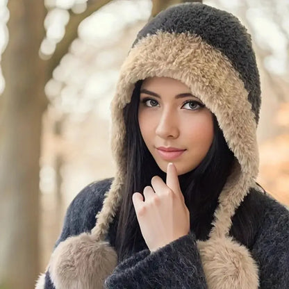 Womens Knitted Hat Winter Warm Beanie with Ear Flaps Pom Pom Extra Soft Thickened Lining Cold Weather Cap for Outdoor Sports
