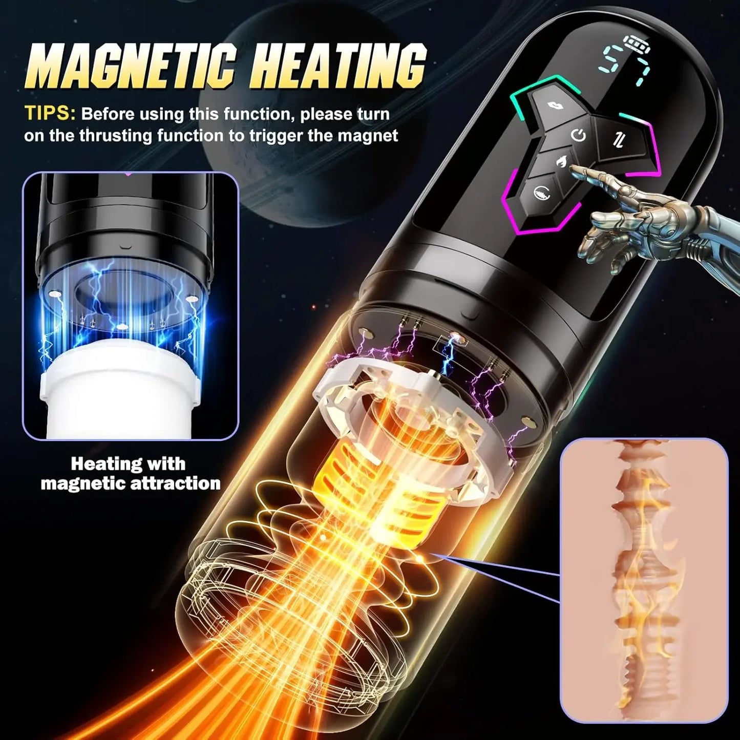 Magnetic heating device with digital display and control buttons on a dark background.