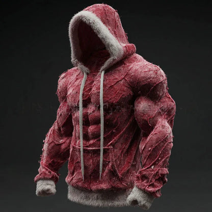 Men's Casual Sports Hoodie Fleece Lined Chest Muscle Print Long Sleeve Loose Fit Polyester Fiber Digital Print Hooded Sweatshirt