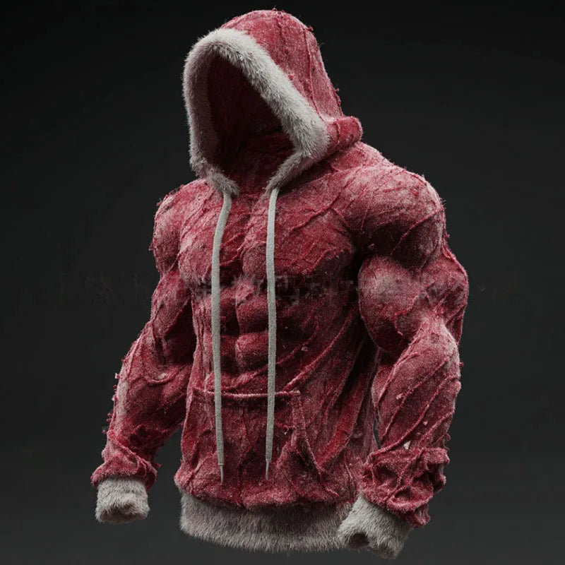 Men's Casual Sports Hoodie Fleece Lined Chest Muscle Print Long Sleeve Loose Fit Polyester Fiber Digital Print Hooded Sweatshirt