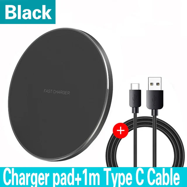 Black wireless charger pad with USB cable on a white background
