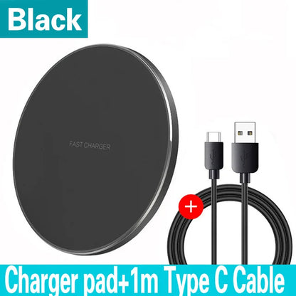 Black wireless charger pad with USB cable on a white background