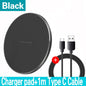Black wireless charger pad with USB cable on a white background