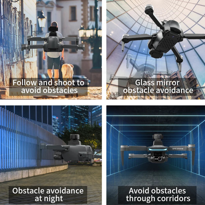 Collage of a drone navigating through various environments with obstacle avoidance features.