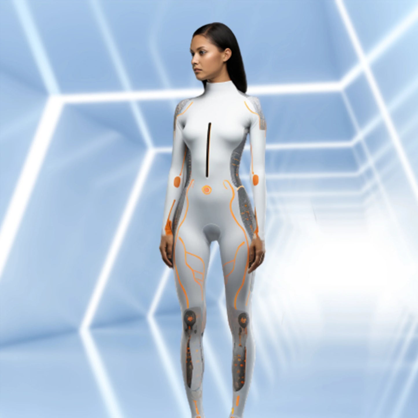 Mechanical Robot Print Cosplay Costume Women Sexy Onesie Futuristic Slim Jumpsuit Halloween Elastic Bodysuit Front Zipper Romper