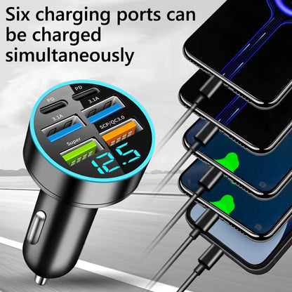 USB-C 6-Port Car Charger — Super Fast Charging with Voltage Detection Display