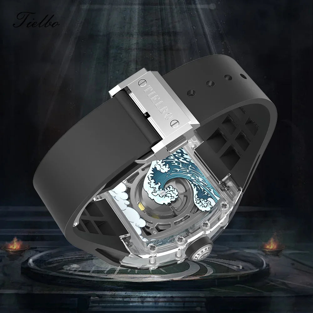 TIELBO Crystal Automatic Mechanical Case Watches Skeleton Sapphire Diamond Wristwatch Waterproof Luminous