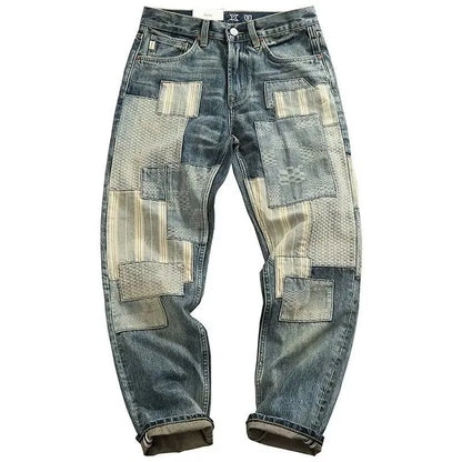 Herbst und Frühling Neuer Modetrend Bedruckte Zerrissene Straight Leg Jeans Herren Lässige Loose Vintage Sport High-End Denim Hose