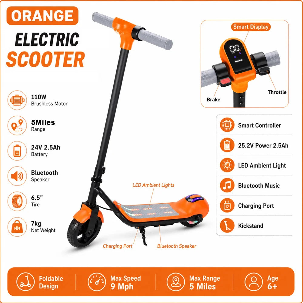 Orange electric scooter with features listed on a white background