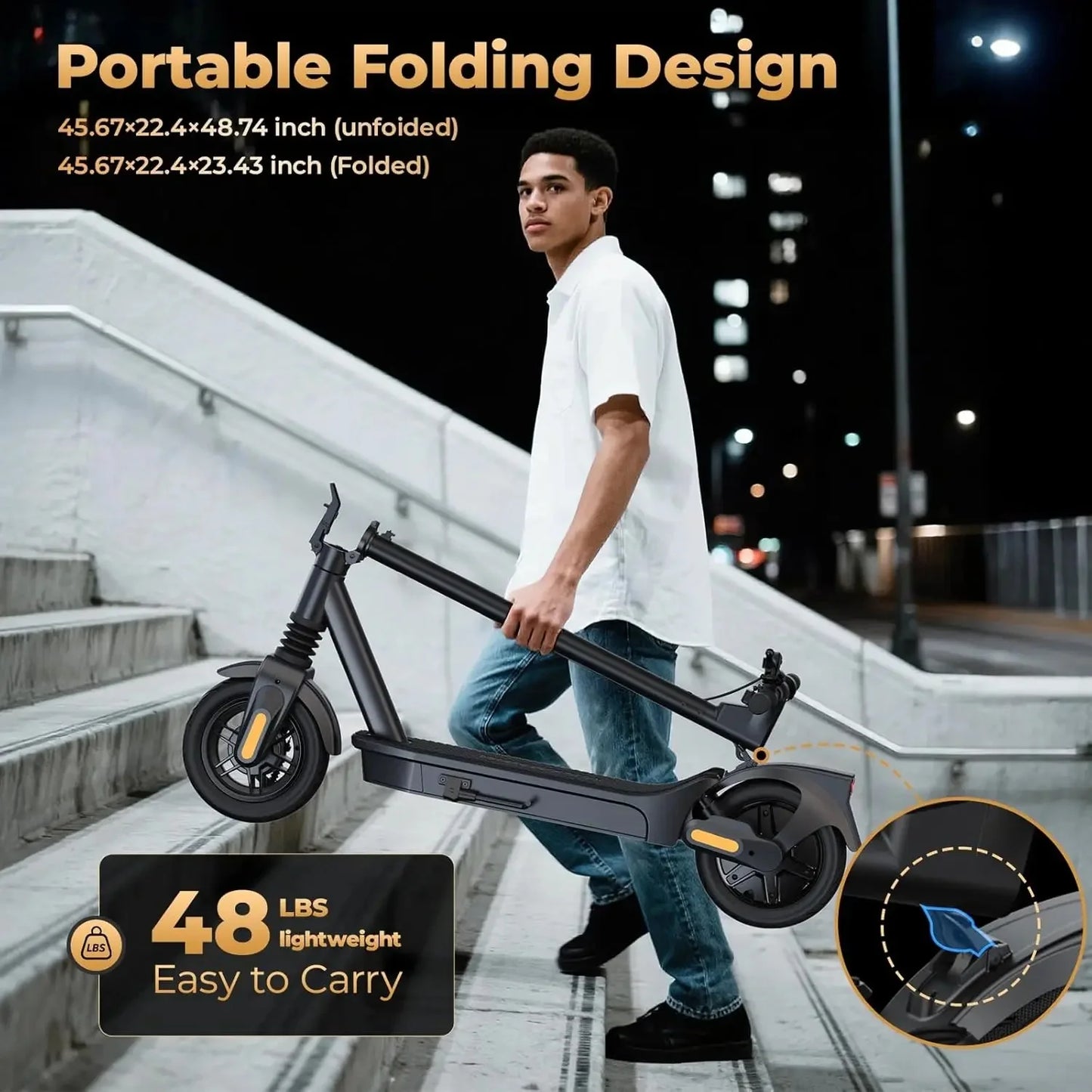 Person carrying a portable folding scooter with specifications displayed.