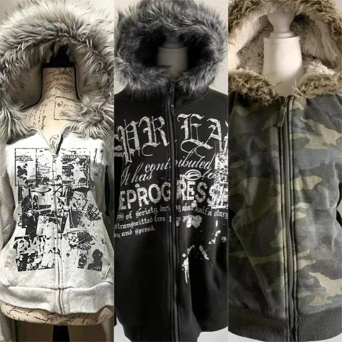 Subculture Gothic Women Coats with Hoodies Vintage Black Jackets Faux Fur Coat Female Loose Casual Sweatshirt