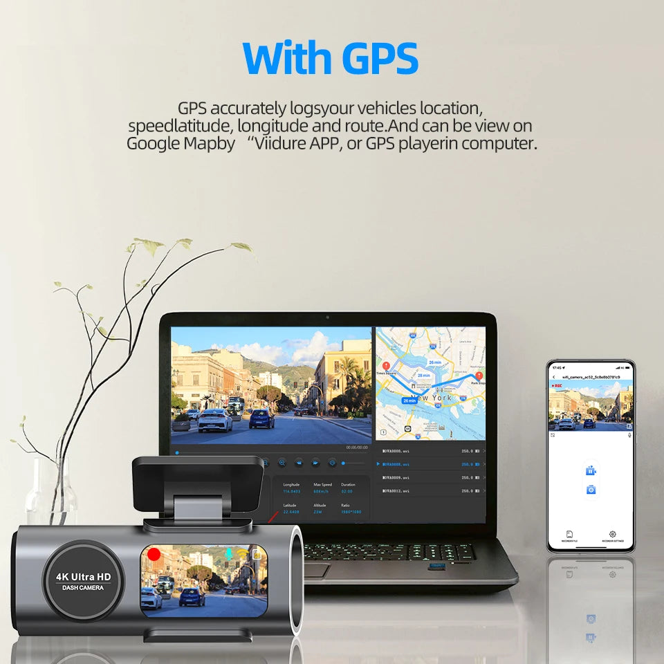Car dashboard camera with GPS display on a laptop, smartphone, and separate screen.