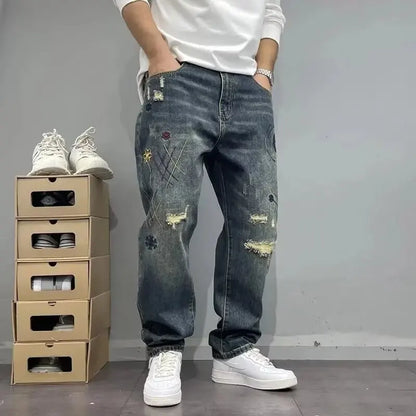 Four Seasons Neue Mode Herren American High Street Loch-Patched Loose Wide Leg Jeans Hose Vintage Washed Denim Hose Herren