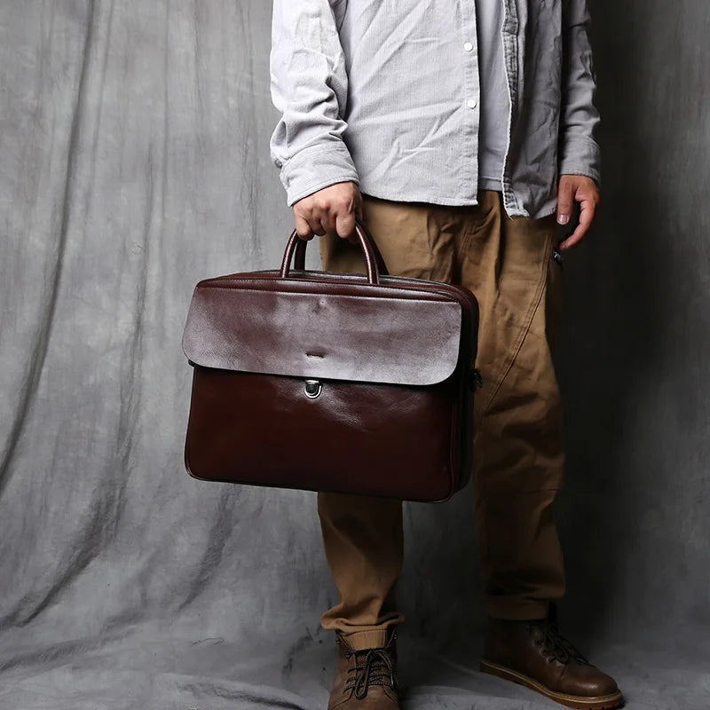 Echtes Leder Herren Aktentasche Vintage Natur Rindsleder Handtasche Große Kapazität Umhängetasche Lässige Mode Computertasche