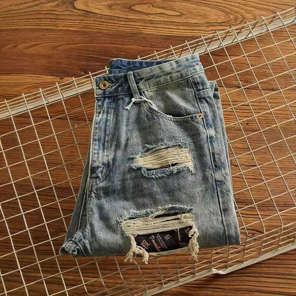 Four Seasons Herren American Heavy Duty Vintage Jeans Loose Straight High Street Casual Trendu Hole Patched Denimhose