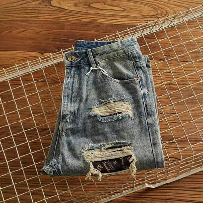 Four Seasons Herren American Heavy Duty Vintage Jeans Loose Straight High Street Casual Trendu Hole Patched Denimhose