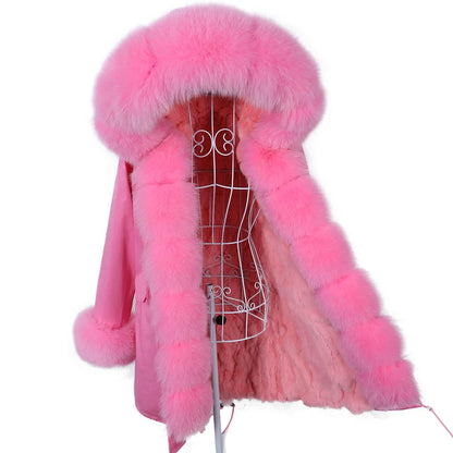 MAOMAOKONG Brand Long Winter Jacket Women Outwear Thick Parkas Natural Real Fox Fur Collar Coat Hooded Pink Female Clothing