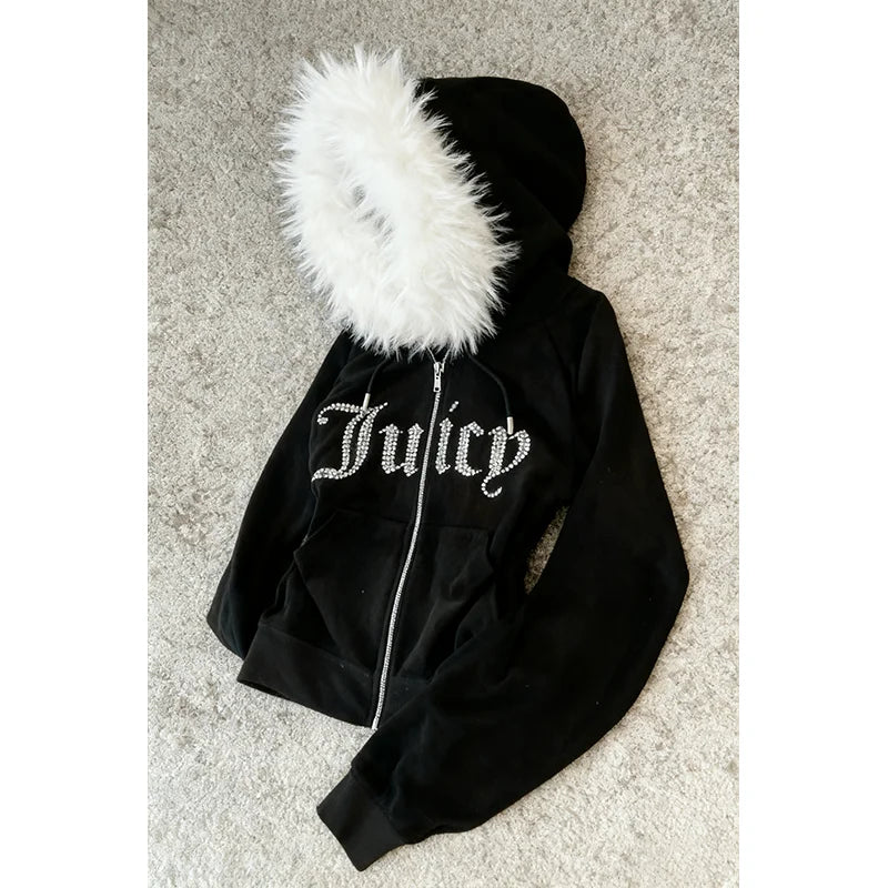 Fur collar cardigan sweatshirt zipper jacket European and American letter hot stamping retro sweatshirt jacke