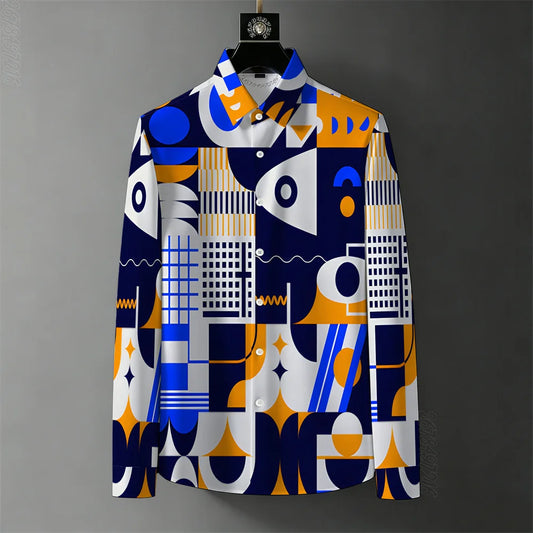 Colorful geometric patterned shirt on a gray background