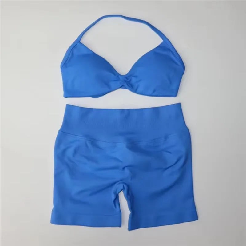 2Pcs Impacts Gym Set Tank Tops High Waist Scrunch Seamless Shorts Gym Suit Fitness Clothes Activewear Workout