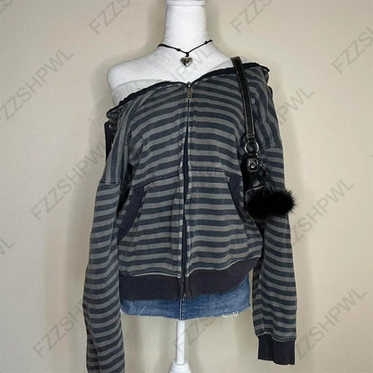 Damen Gothic Ästhetik Herbst Winter Pelzkragen Hoodie Lässiger schmaler schicker Cardigan Sweatshirt 2000er Kleidung