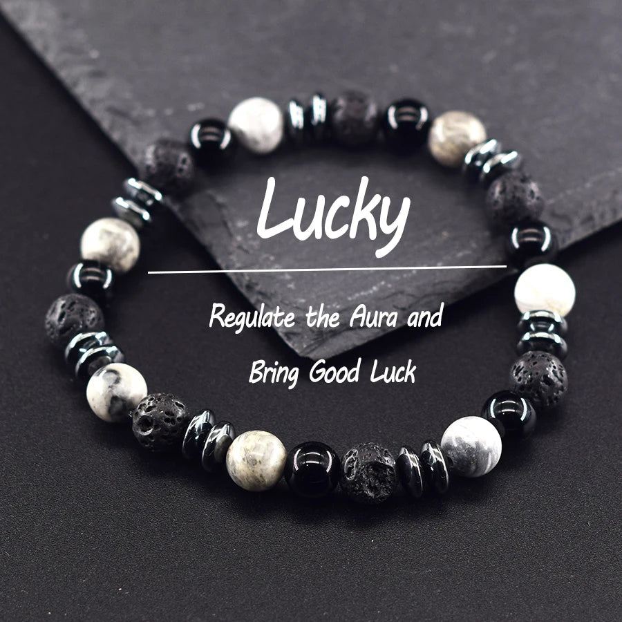 Classic Black Natural Labradorite Volcanic Stone Beads Bracelet Women Men Spiritual Protection and Energetic Banlance Jewelry