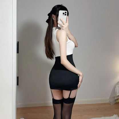 Weißes, sexy Cosplay-Büro-Mini-Kleid für Damen, sexy Dessous, Stewardess-Outfit, Sekretärinnen-Kleid mit offenem Brustbereich, sexy Kostüm