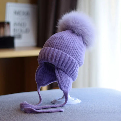 Große Pelzige Fuchs Fellball Kinder Ohrenschutz Mütze Mädchen Winter Dick Warm Plüsch Strickmütze Anti-Kälte Mütze Gorros Invierno 4m807