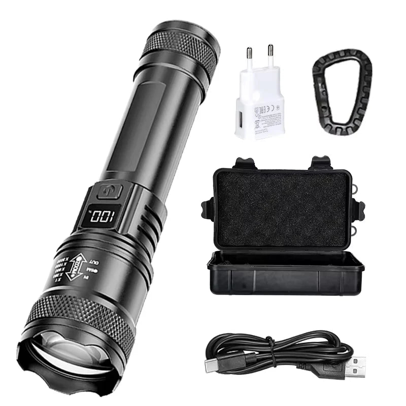 Leistungsstarke LED-Taschenlampen 300000LM Taktische Taschenlampe mit Displaylicht USB-Ladefunktion Camping Angeln Verteidigung Zoom-Laterne