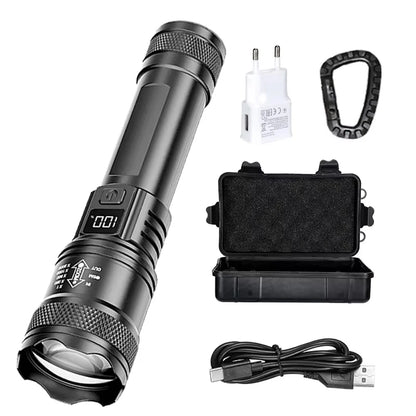 Leistungsstarke LED-Taschenlampen 300000LM Taktische Taschenlampe mit Displaylicht USB-Ladefunktion Camping Angeln Verteidigung Zoom-Laterne
