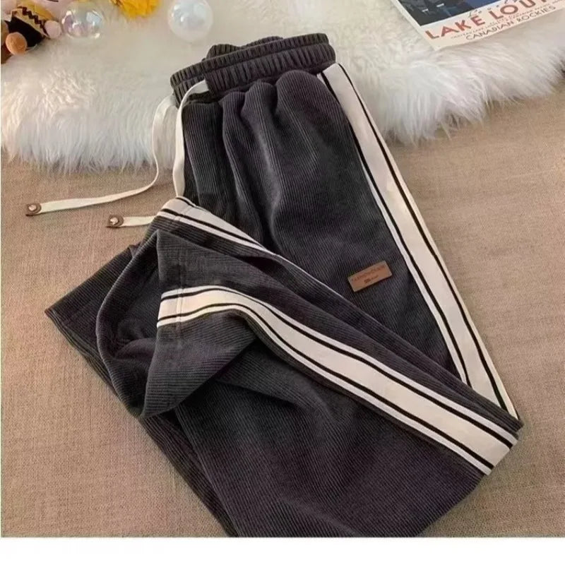 Loose Casual Pants Women's Straight Leg Sport Wide Leg Pants Corduroy Comfortable High Waist Long Pants Asymmetric Design