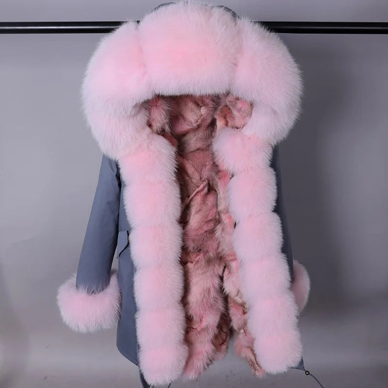 MAOMAOKONG Brand Long Winter Jacket Women Outwear Thick Parkas Natural Real Fox Fur Collar Coat Hooded Pink Female Clothing