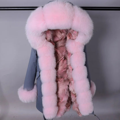 MAOMAOKONG Brand Long Winter Jacket Women Outwear Thick Parkas Natural Real Fox Fur Collar Coat Hooded Pink Female Clothing