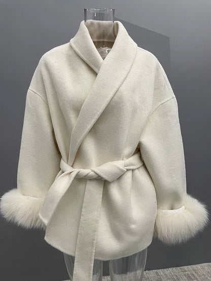 UCXQ Eleganter OL Business-Mantel Pelz-Patchwork Langarm Wollmantel Schöne Damenbekleidung Jacke Herbst 2025 Winter