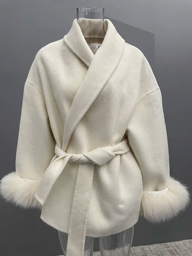 UCXQ Eleganter OL Business-Mantel Pelz-Patchwork Langarm Wollmantel Schöne Damenbekleidung Jacke Herbst 2025 Winter