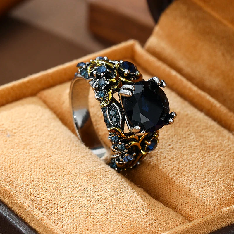 Retro and Trendy Blue Color Inlaid Zircon Leaf Women's Ring, Luxurious and Fashionable Banquet Party Accessories, Jewelry Gifts