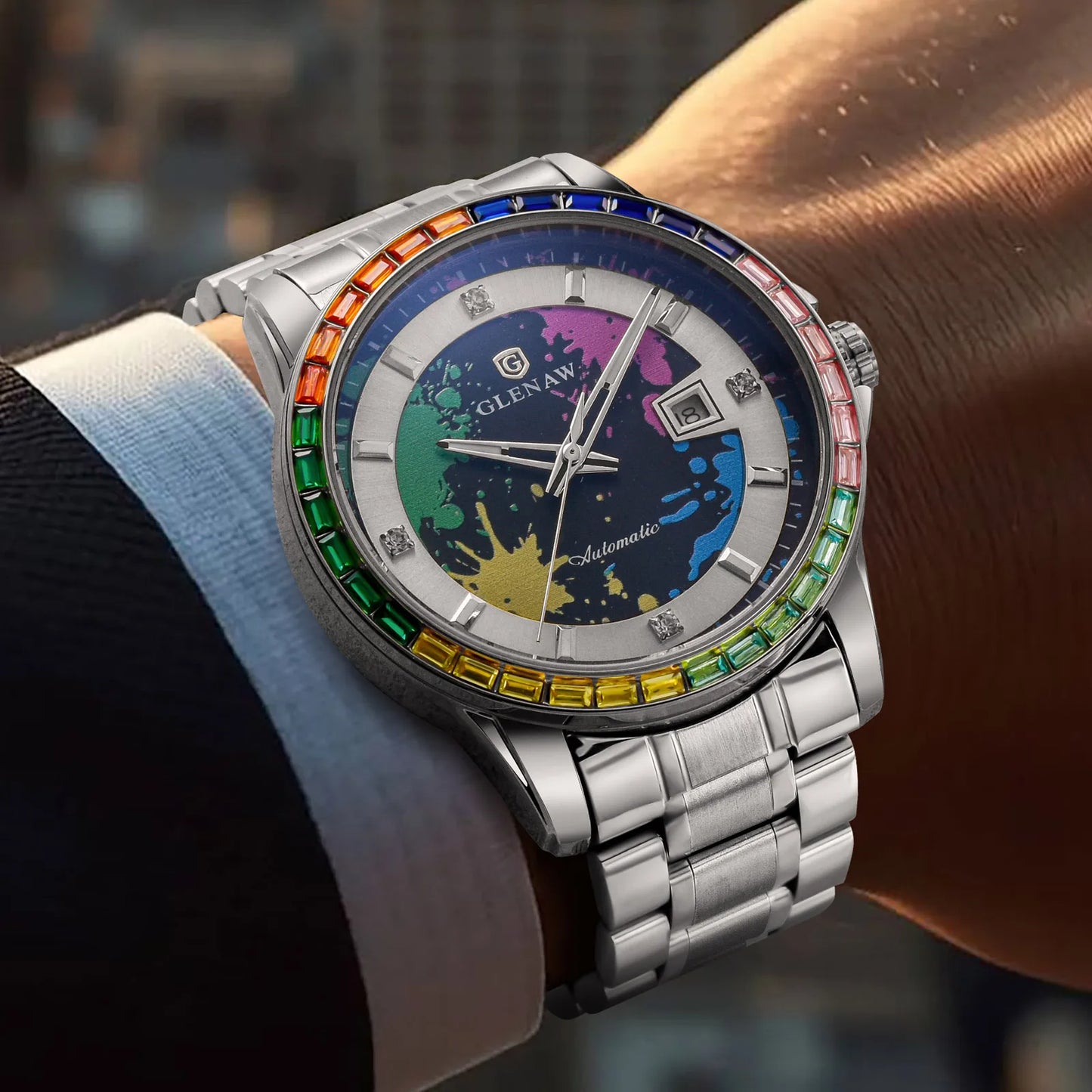 Rainbow Circle Mechanical Watch Graffiti Dial Night Light Calendar Waterproof Mechanical Watch