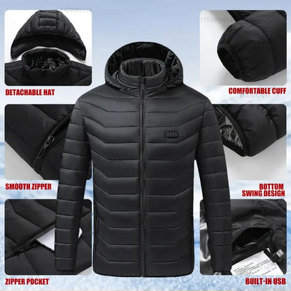 Neue beheizte Jacke Herren Damen Mäntel 9/21 Zonen USB selbstbeheizte Kleidung Winter Ski Camping beheizte Daunenjacke mit abnehmbarer Kapuze