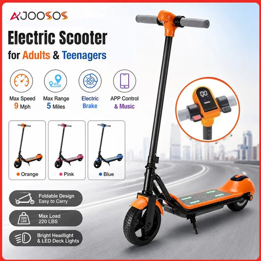 Electric scooter for adults and teenagers with features listed on a city road background