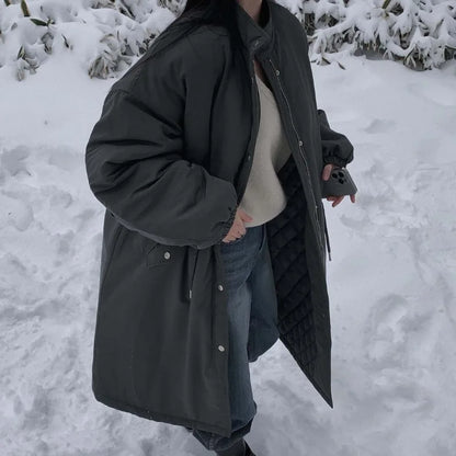 Winter Stand Collar Long Down Jacket Female Warm Drawstring Knee Length Cotton Jacket Women Workwear Thick Outwears