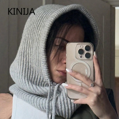 Women Knitted Balaclava Fashion Fake Collar Shawl Hooded Hat Thick Warm Beanines Winter Hat official website tool undefine