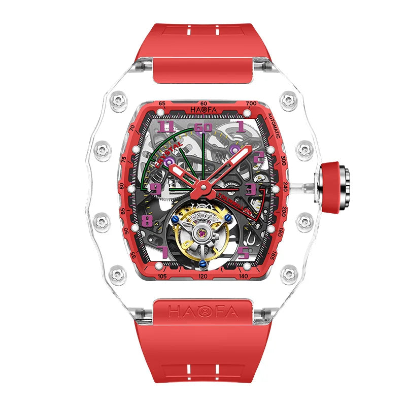 Haofa Tourbillon Crystal Transparent Hollowing Waterproof Luminous Automatic Mechanical Watches
