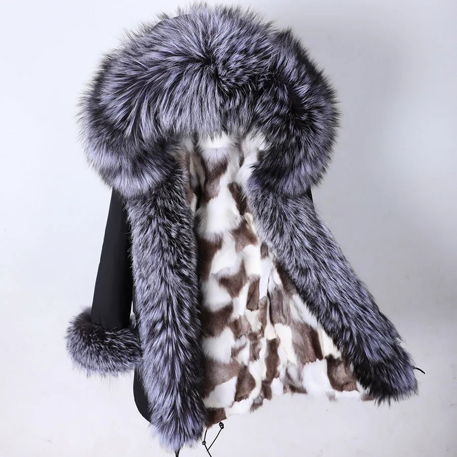 MAOMAOKONG Brand Long Winter Jacket Women Outwear Thick Parkas Natural Real Fox Fur Collar Coat Hooded Pink Female Clothing